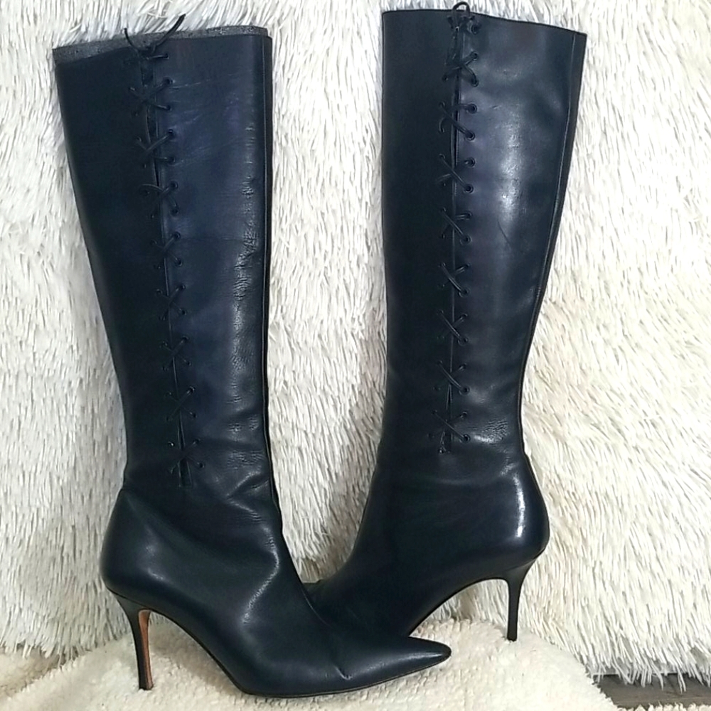 Manolos Blahnik leather knee high boots lace up